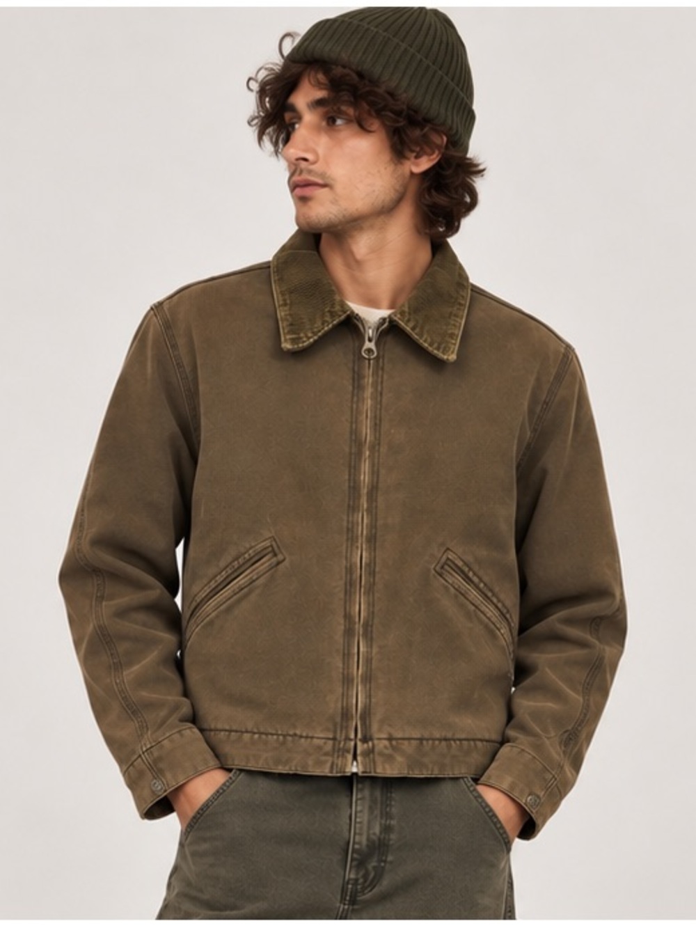 American Eagle Y2K Gorpcore Minimalist Olive Brown Canvas Zip Shirt Jacket Small